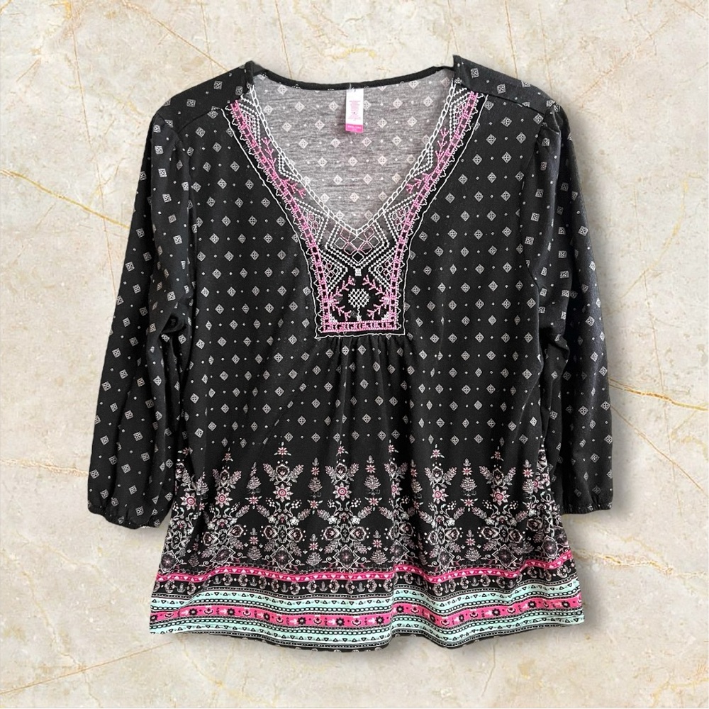 Time and Tru Women’s Top XXXL (22) Black Floral Long Sleeve Popover Top Boho